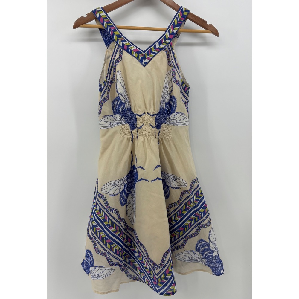Leifnotes Anthropologie Dress Womens 2 Cream Blue Bee Print Smocked Waist Cotton